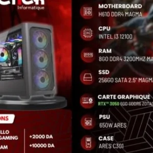 CONFIG / INTEL I3 12100 / H610 MAGMA/RAM 8GO 3200HZ DDR4 MAGMA/SSD 256GO SATA MAGMA/ 650W ARES/ RTX 3050 /ARES C301 4FAN BLACK