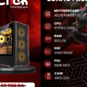 CONFIG /R3 4300G/RAM 8GO LPX /240GO SSD BX500/A520M K GIGABYTE V2/650W ARES/ARES C202