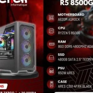 CONFIG / R5 8500G / A620 ASROCK/RAM 8GO 4800MHZ DDR5 ADATA/SSD 480GO SATA TECHMIYO / 650W ARES /ARES C301 4FAN BLACK