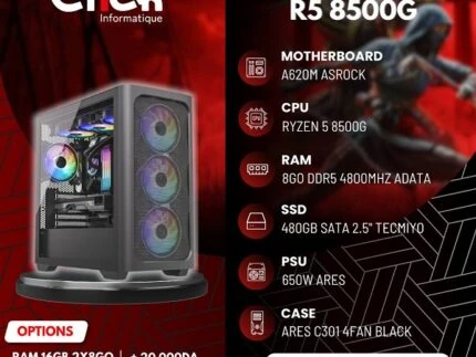 CONFIG / R5 8500G / A620 ASROCK/RAM 8GO 4800MHZ DDR5 ADATA/SSD 480GO SATA TECHMIYO / 650W ARES /ARES C301 4FAN BLACK