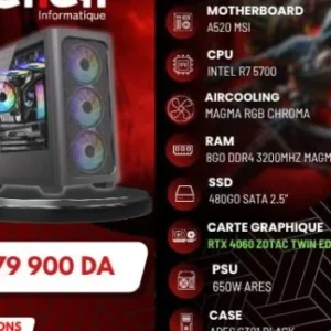 CONFIG / RYZEN 7 5700 / A520 MSI /RAM 8GO 3200HZ DDR4 MAGMA/SSD 480 GO SATA /4060 ZOTAC/ 650W ARES /ARES C301 4FAN BLACK