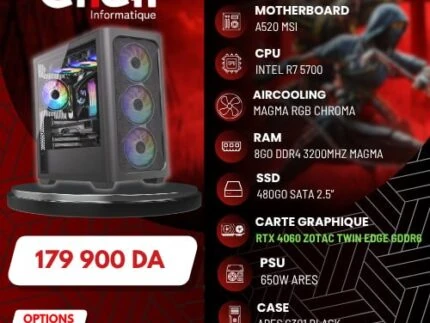 CONFIG / RYZEN 7 5700 / A520 MSI /RAM 8GO 3200HZ DDR4 MAGMA/SSD 480 GO SATA /4060 ZOTAC/ 650W ARES /ARES C301 4FAN BLACK