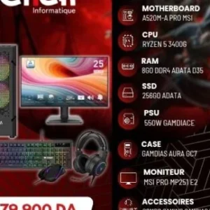 CONFIG/R5 3400G /8GO DDR4/256GO SSD/A520M-A PRO/GP550W/AURA GC7+MONIT PRO MP251+COMB POSEIDON E2