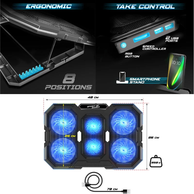 Refroidisseur PC Portable AIRBLADE 700 RGB – 6 Ventilateurs, 10 Modes RGB, Jusqu’à 17" – Image 4