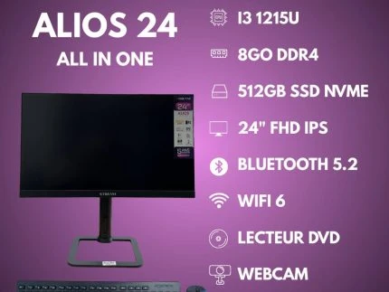 STREAM ALIOS 24PRO I3 1215U /8GO DDR4 /512GO SSD/ 24″ FHD IPS/ WIFI 6E/ LECTEUR DVD BLACK